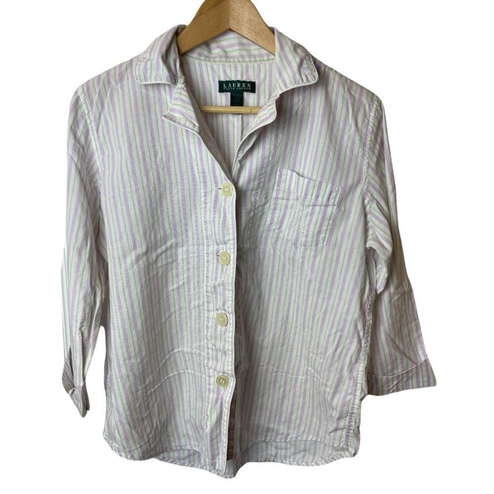 Lauren Ralph White Multicolor Stripe Pajama Button Up Shirt 3/4 Sleeve Size M